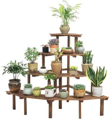 Plant Ladder Bench, Corner Plant Stand Flower Staircase Wooden Flower Bench for Indoor and Outdoor, 4 Tier Plant Shelves, Flower Rack for Garden Patio, Right Angle Plant Stand