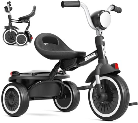 KORIMEFA Bambini Trike Bici Pieghevole Balance Bike con Cestino di Stoccaggio per 1-3 Anni Ragazzi Ragazze Trike con Regolabile Seat & Night Riflettore, Facile da memorizzare, Compleanno Natale (Nero)