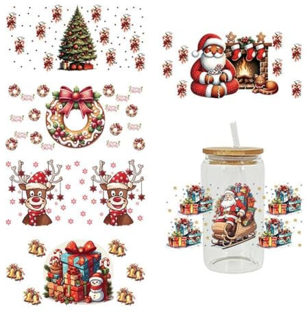 Rtyweth Christmas UV DTF Cup Stickers, Santa Claus Waterproof Decals, 6 Sheets, Red, Cartoon Style, Semi-Glossy Finish, For Glass, Plastic, Metal, Adults, Drinkware, Scrapbook