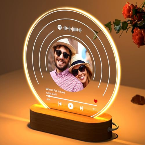 HOBULL Spotify Glas Personalisiert Foto Musik Schallplatte, LED Bilderrahmen Beleuchtung Song Cover Acrylglas Bild mit Foto Spotify Musik Code, Personalisiertes Fotorahmen Geschenke für Frauen Männer