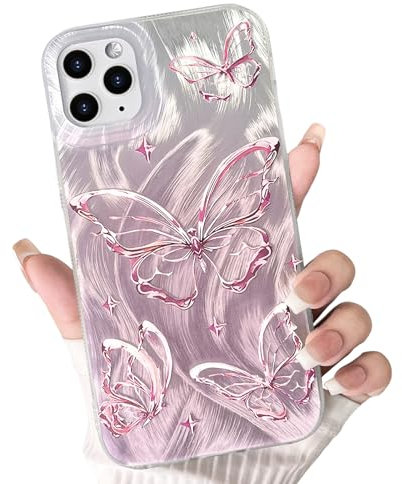 NITITOP Compatible for iPhone 11 Pro Case Cute Butterfly Pattern for Women Girl Glitter Laser Shiny Feather Yarn Style Aesthetic Shockproof Hard Protective Phone Cover - Pink