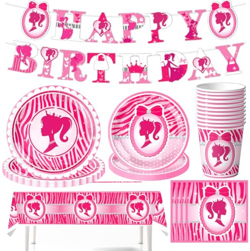 PLNVNVP 52Pcs Vajilla de Fiesta de Barbi, Juego de Vajilla de Fiesta de Barbiprincesa, Plato, Taza, Mantel, Pancartas, Servilleta, Vajilla para Fiesta de Cumpleaños para Niñas