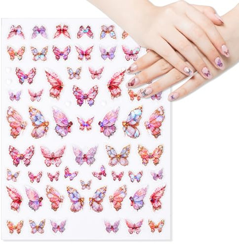 Butterfly Nail Sticker, 5D Embossed Butterfly Nail Decals Pretty Butterfly Nail Designs Adhesive Manicure Decorations Accessories for Women Girls DIY Nail Supplies (Pink)