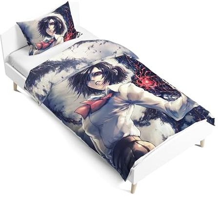 Zhongkaihua Tokyo Ghoul Merch Bettwäsche für Kinder, Einzelbett-Set, 2-teilig, 135 x 200 cm, Motiv: Tokyo Ghoul Figur, bedruckte Cartoon-Bettdecke und Kissenbezug, Bett-Set, Schlafzimmer