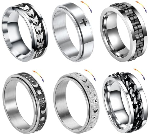 ZENGSING 6 Stück Silber Spinner Ring Herren Fidget Spinner Ringe Edelstahl Fidget Band Ringe Männer Edelstahl Spinner Ring für Herren Damen (Silber, 60)