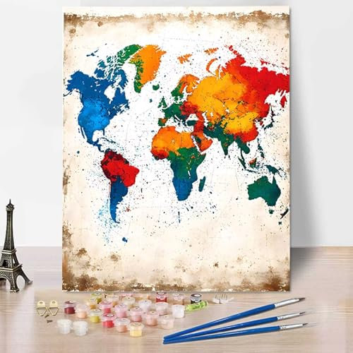Peinture par Numéro Adulte avec Cadre Carte du Monde - Peinture Numero Enfant Carte Activité Manuelle Kit de Loisir Créatif DIY Numéro d'Art Complet - pour la Décoration de la Maison 50 x 65 cm E-D