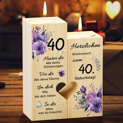 KAAYEE 40 Geburtstag Frauen, Herzförmiger Kerzenhalter Geschenk zum 40 Jahre Geburtstag Frau, 40. Geburtstagsgeschenk für Beste Freundin, Mädchen, Schwestern, Mama, Ehefrau, Tante