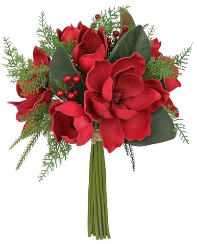 Oairse Kunstblumen Magnolienblumenstrauß Kunstpflanze Weihnachtsblumenstrauß Weihnachtsdeko mit Beeren und Farnblätter für Weihnachtsdekoration Wohnkultur Küche Esstisch Zimmerpflanze Tischdeko