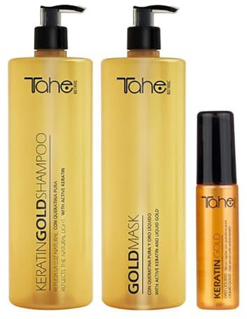 Tahe Pack Botanic Gold XXL: Champú 1000 Ml. + Mascarilla 1000 Ml. + Sérum Keratin Gold Con Oro Líquido 30 Ml.