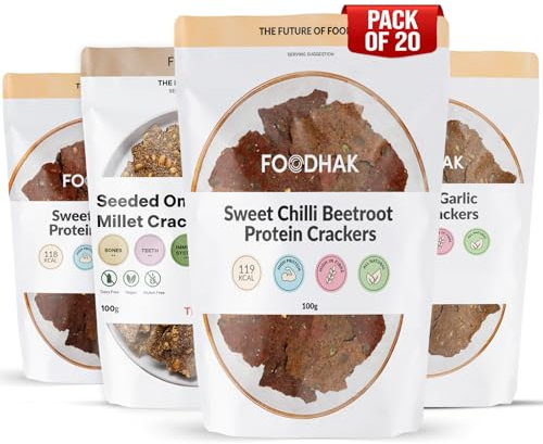 FOODHAK Crackers (Sweet & Sweet Chilli beetroot, Rosemary & Garlic, Seeded Omega & Millet) Variety pack low carb crackers, low carb snack, high fibre & gluten free (20 x 100g Packs). no carbs no sugar