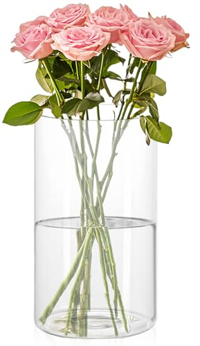 WIYETY Vase cylindrique en verre minimaliste : moderne, vase à fleurs transparent, pour décoration de table, salon, chambre à coucher, mariage, anniversaire, salle de bain (30 x 10 cm)