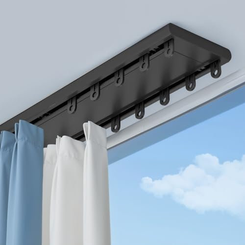 ZSWXF Doppelfensterstangen Gardinenschiene 2-LäUfig Vorhangstangen Deckenbefestigung Leise Doppelreihige Aluminium gardinenleisten Einfach Zu Installierende Deckenschiene Raumteiler Set,Schwarz,5.5M