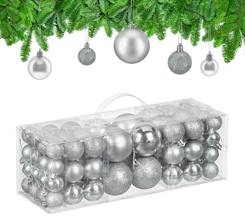 Relaxdays Weihnachtskugeln im 76er Set, Kunststoff, glitzernde, Matte, glänzende Baumkugeln, Christbaumschmuck, Silber