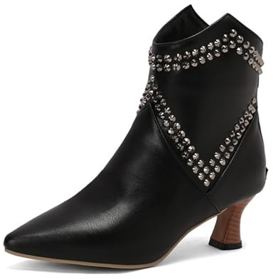 Generisch Damen Kätzchen Absatz Chelsea Stiefeletten Spitze Zehen Kurze Stiefel Mit Nieten PU-Leder Lässige Stiefel Mit Reißverschluss,Schwarz,41.5 EU