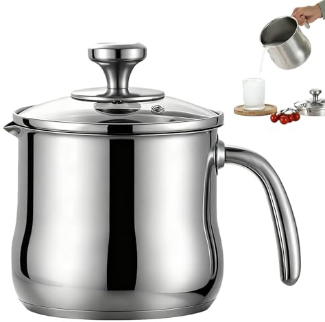 Olla para leche de 2 litros de acero inoxidable con tapa y vertedor, olla de inducción con asa, olla a fuego lento para pudin, para baño de agua, olla para fundir gas y todo tipo de fuegos