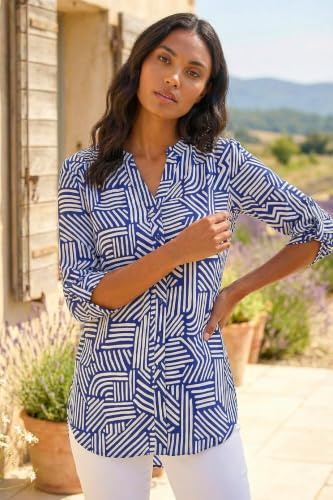 Roman Originals Shirt Top for Women UK Ladies Collarless Blouse Smart Tunic Button Through Longline Asymmetric Hem 3/4 Length Roll Up Sleeves V Neck Going Out - Navy Geo - Size 20