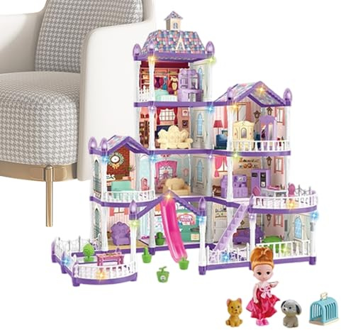 Kinder Puppenhaus - 4-stöckige 13-Zimmer Miniatur Villa zum Zusammenbau,Villa Spielset mit 3 Prinzessinnen & 2 Welpen und Möbelzubehör,Für Mädchen Kinder Alter 4-6 Jahre Rollenspiel Indoor Partyspiel