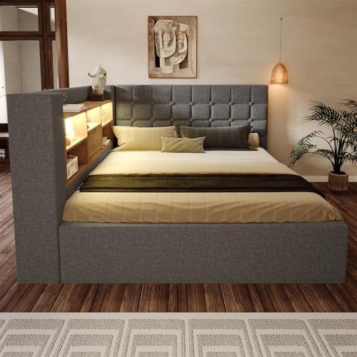 Polsterbett 140x190 cm Doppelbett mit LED, hydraulischem Stauraum, L-förmigem Kopfteil mit Stauraum, beidseitig montierbar, Lattenrost, Leinenstoff,Grau(Ohne Matratze)