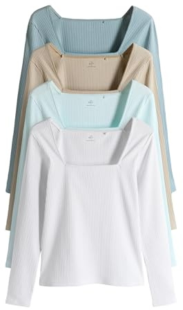 THE SET Damen Gerippte Oberteile mit eckigem Ausschnitt und Besatz, 4er-Pack Blue/Light Blue/Stone Brown/White XL