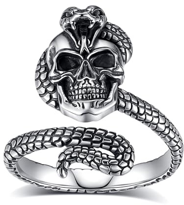 AEONSLOVE Drachen Ringe Silber 925 für Herren Damen, Wikinger Runen Vegvisir/Gothic Totenkopf Ring Verstellbar, Schlange Obsidian/Tetragrammaton Pentagramm/Wolf Offener Ring Vintage