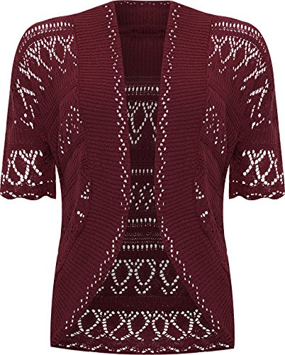 WearAll Plus Size Womens Crochet Knitted Short Sleeve Ladies Shrug Cardigan Top - Wine - 24-26