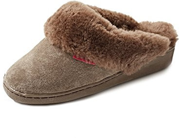 Reissner Lammfelle | Engel Hausschuhe Korfu | Pantoffel | Veloursleder | Innenfutter echtes Merino Lammfell | erhöhter Absatz | mit Fellkranz | 42 braun