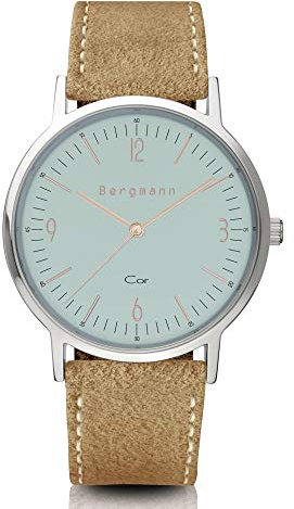 Bergmann Damen Herren Armbanduhr COR Silber Analog Quarz blaues Zifferblatt sandfarbenes Wildlederarmband