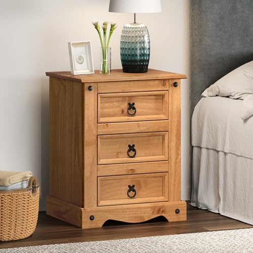 Mercers Furniture Trade Corona Solid Wood Pine 3 Drawer LARGE Bedside Cabinet Table Wooden Side End Lamp Unit Bedroom Living Room Lounge Hallway Office Mexican Style 67cm High 53cm Wide 39cm Deep