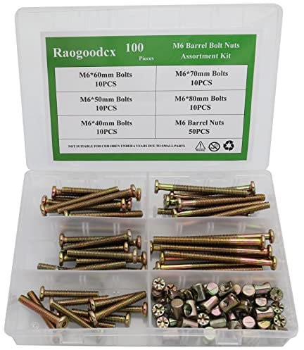 Raogoodcx 100Pcs M6 Barrel Nuts Bolts(6mm x 40mm, 6mm x 50mm, 6mm x 60mm, 6mm x 70mm, 6mm x 80mm) Hex Socket Cap Screw Bolts and Philips-Slotted Drive Barrel Nuts Assortment Kit