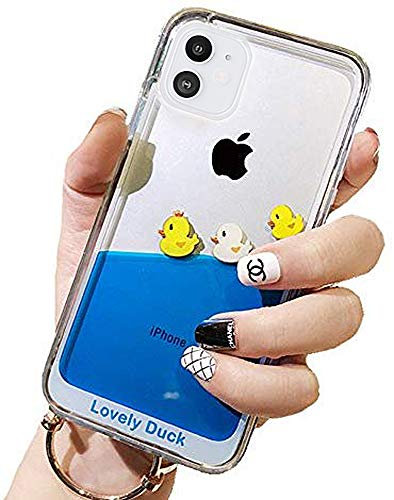 UnnFiko Dynamic Blue Liquid Floating Case Compatible with iPhone 11, Yellow Ducks Flexible Soft Rubber Case with Quicksand Cover (Three Ducks, iPhone 11)