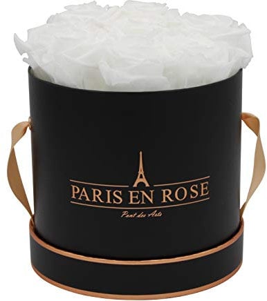 PARIS EN ROSE Rosenbox | mit 9 weißen Infinity Rosen Größe XL | konservierte ewige Rose | runde Schwarz-Roségold Box | 3 Jahre haltbar | Grußkarte
