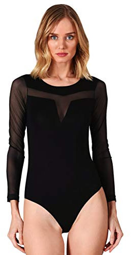 VEDATS Damen Body Langarm Rundhals Bodysuit mit transparentem Netzeinsatz (M)