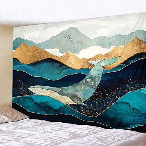 L/S Welle Wandteppich Ozean Delfin Tier 180x230 Psychedelic Groß Wandtuch Tapisserie Wandbehang Blau Gold Berge Wanddekoration Natur Landscape Tapestry als Dekotuch Tagesdecke