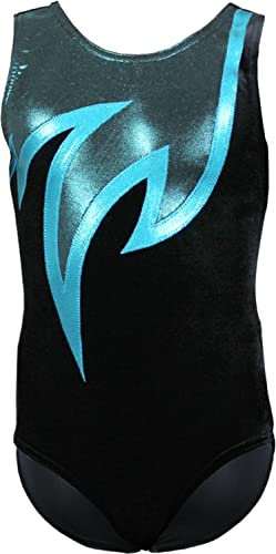 GymStern Gymnastikanzug Turnanzug Modell Java Spezial Samt & Glitzerlycra Kurzarm Turnbody, Größe:122-128, Farbe:Schwarz/Türkis/Petrol