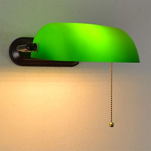 Banker lampe Tiffany Wandlampe mit Zugschalter American Style Retro Wandleuchte Leselicht Schlafzimmer Nachttischlampe Grün Glas Lampenschirm, für Wohnzimmer Studieren Loft Esszimmer,E27 MAX 60W