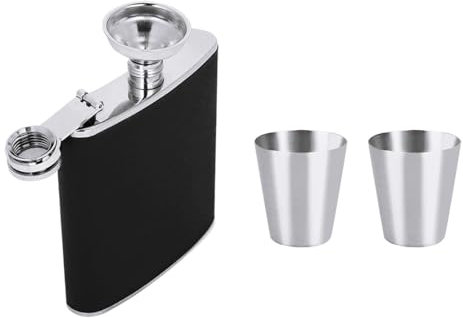 6 Oz Acier Inoxydable Flasque à Whisky, 180ML Portable Poche Flasque avec Entonnoir et 2 Verres à Liqueur Fiole à Alcool Flasque Whisky Fiole Alcool pour Voyage,Pêche,Camping et Escalade(Noir)