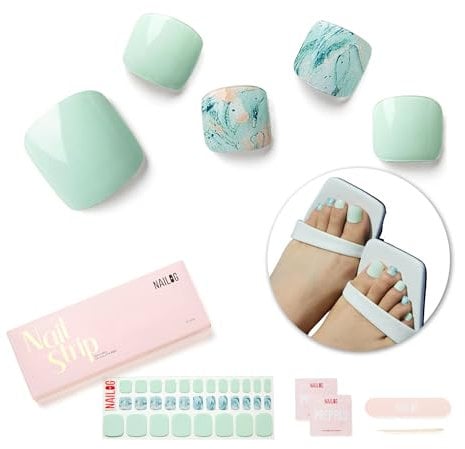 NAILOG Semi Cured Gel Nail Strips, Toe Nail Polish Strips with Glossy Gel Finishing | 32 Pieces Long Lasting Pedi Nail Wrap, Summer Breeze