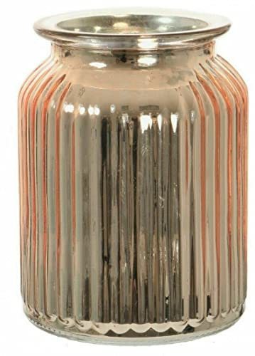 Rammento 14.5cm Rose Gold Ribbed Glass Flower Vase - Wide Mouth Vase Perfect for Displaying Beautiful Floral Arrangements, Modern Design, Elegant Statement Piece - Suitable for Home Decor