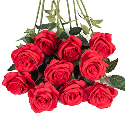 Flojery Rote Seidenrosen, künstliche Rosen, langer Stiel, für selbstgemachte Hochzeitsstrauß, Tischdekoration, Heimdekoration, 10 Stück