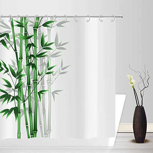 ASDCXZ Rideau de Douche en Bambou 180x220 cm, élégant Simple Feuilles de Bambou Vert Rideaux de Douche de Lavable Textile imperméable Rideau de Douche Blanc pour Baignoire avec 12 Crochets