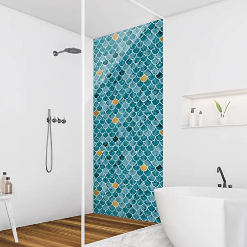 Bilderwelten Duschrückwand Folie 200x80 cm Fischschuppen Fliesen Marmor - Türkis-Gold Bad-Rückwand Motiv fugenlose Wandverkleidung Dusche