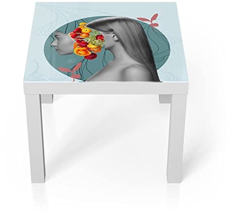 DEQORI Glastisch | weiß klein 55x55 cm | Motiv Frau mit Blumen im Kopf | ausgefallener Beistelltisch aus Glas | Hochglanz Couchtisch fürs Wohnzimmer | moderner Couch Tisch mit Design