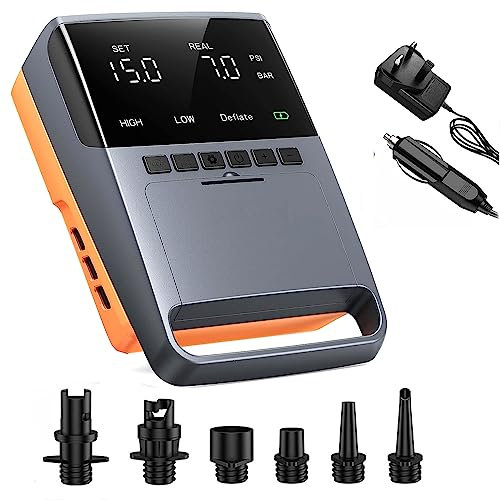 JOSBY Portable Cordless Rechargeable Sup Pump, Built-in 3 * 4500MAH Batterys, Intelligent Dual-Stage Inflation, Adjustable LCD Function, 20 PSI Electric Air Pump for Inflatable Boat, Kayak, Air Tent