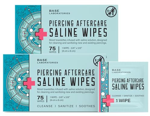 Base Labs Piercing Aftercare Wipes | Piercing Cleaning Solution - 150 Wipes | Cleanses & Sanitizes all Body, Nose, Ear Piercings | Saline Solution Piercing - Keloid & Piercing Bump Treatment Wipes