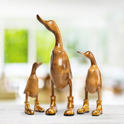 DomDeco Handgefertigte Deko-Figur Ente mit Gold geblümten Stiefeln aus Holz, ca 25cm