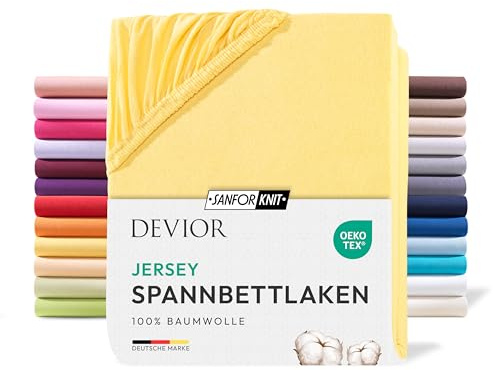 Devior Jersey Spannbettlaken 140x200cm - 160x200cm, 100% Baumwolle, Matratzenhöhe bis 22cm, Gelb – 135 g/m² Anti-Statisches, atmungsaktives Bettlaken mit Einlaufschutz, Matratzenbezug Gelb