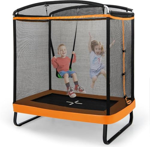 KOMFOTTEU Trampolín para Niños con Columpio, Cama Elástica Rectangular con Red de Seguridad, Colchoneta Saltador Infantil para Exerior con Capacidad de 100 kg, 190 x 122 x 210 cm (Naranja y Negro)