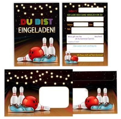 Minkocards 12 Einladungskarten incl. 12 Umschläge Kindergeburtstag Bowling Kegeln Bowling-Party Jungen Mädchen Einladung Jungsgeburtstag Mädchengeburtstag