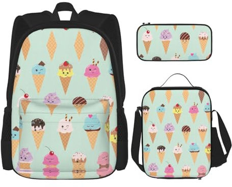 NEZIH 3-in-1 Büchertaschen-Set mit Eistüten bedruckt, verstellbarer Schulter-Rucksack, Lunch-Tasche, Federmäppchen, Beutel