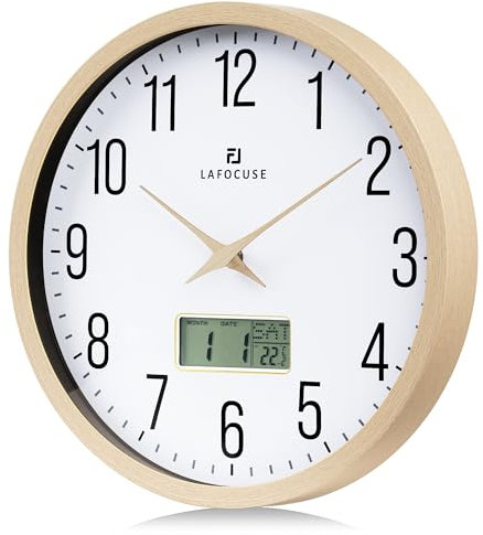 Lafocuse Reloj de Pared Calendario con Fecha y Termometro LCD, Silencioso Reloj Beige Vintage, Fácil de Leer sin Tictac para Cocina Oficina Dormitorio Salon 30cm